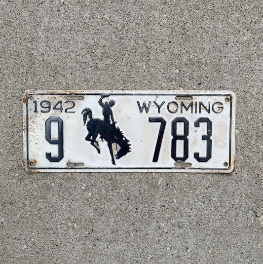 Photo of a 1942 Wyoming License Plate Auto Tag Garage Decor Vintage Low Number Four Digit 9 783 with original patina