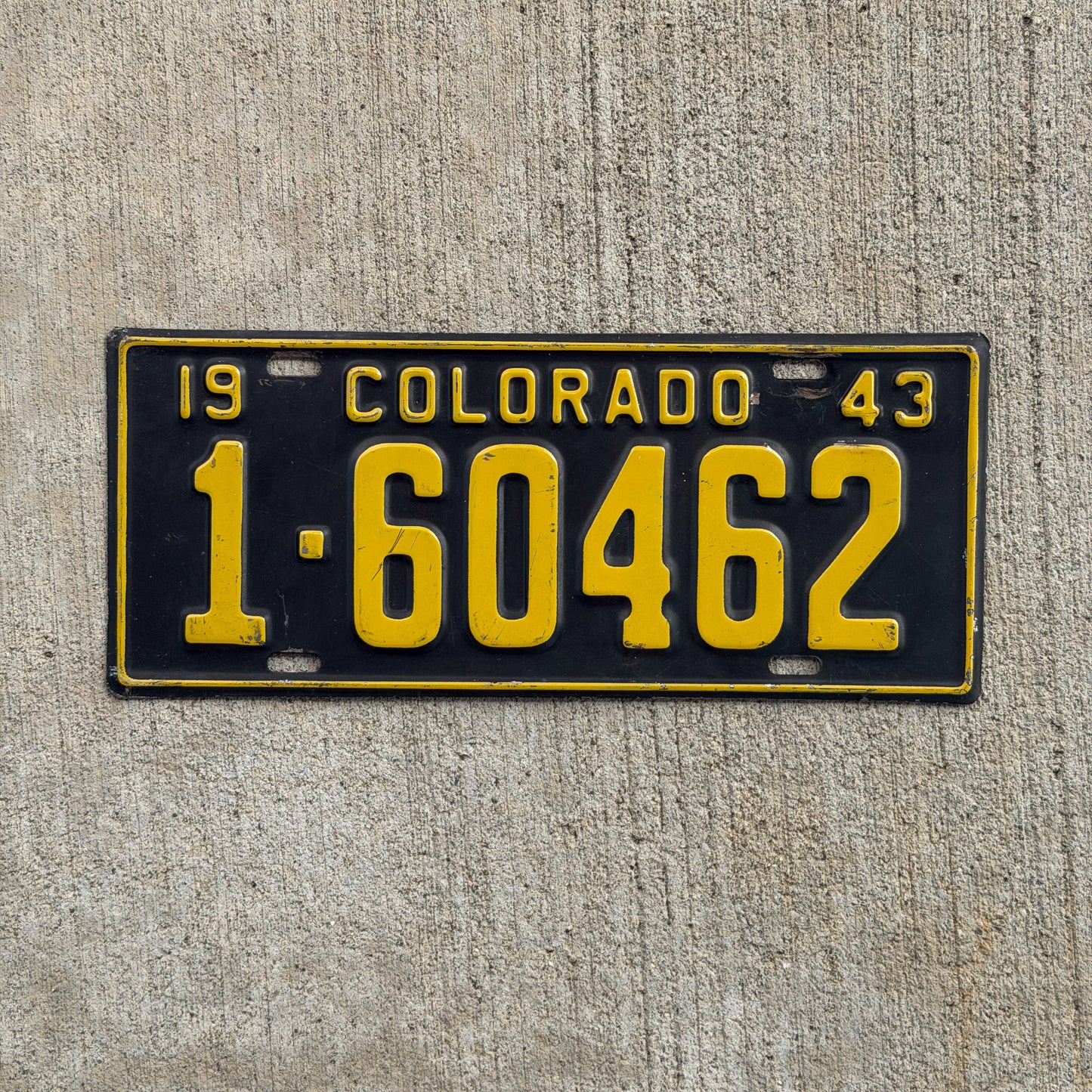Photo of a 1943 Colorado License Plate Auto Tag Garage Decor Vintage High Quality Denver County 1 60462 with original patina