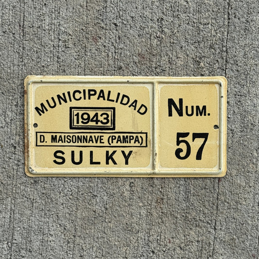 Photo of a 1943 Damian Maisonave Pampa Sulky Argentina Bicycle Auto Tag Garage Decor Vintage Bike 57 with original patina