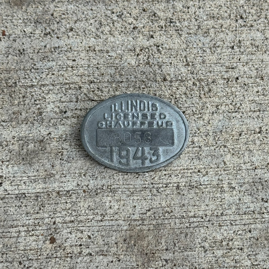 Photo of a 1943 Illinois Chauffeur Badge License Plate Auto Tag Garage Decor Vintage Pin Vintage Automobilia 8053 with original patina