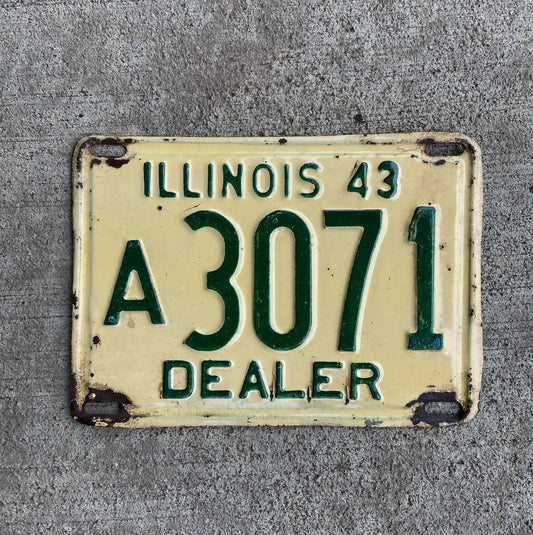 Photo of a 1943 Illinois Dealer License Plate Auto Tag Garage Decor Vintage Low Number Four Digit A 3071 with original patina