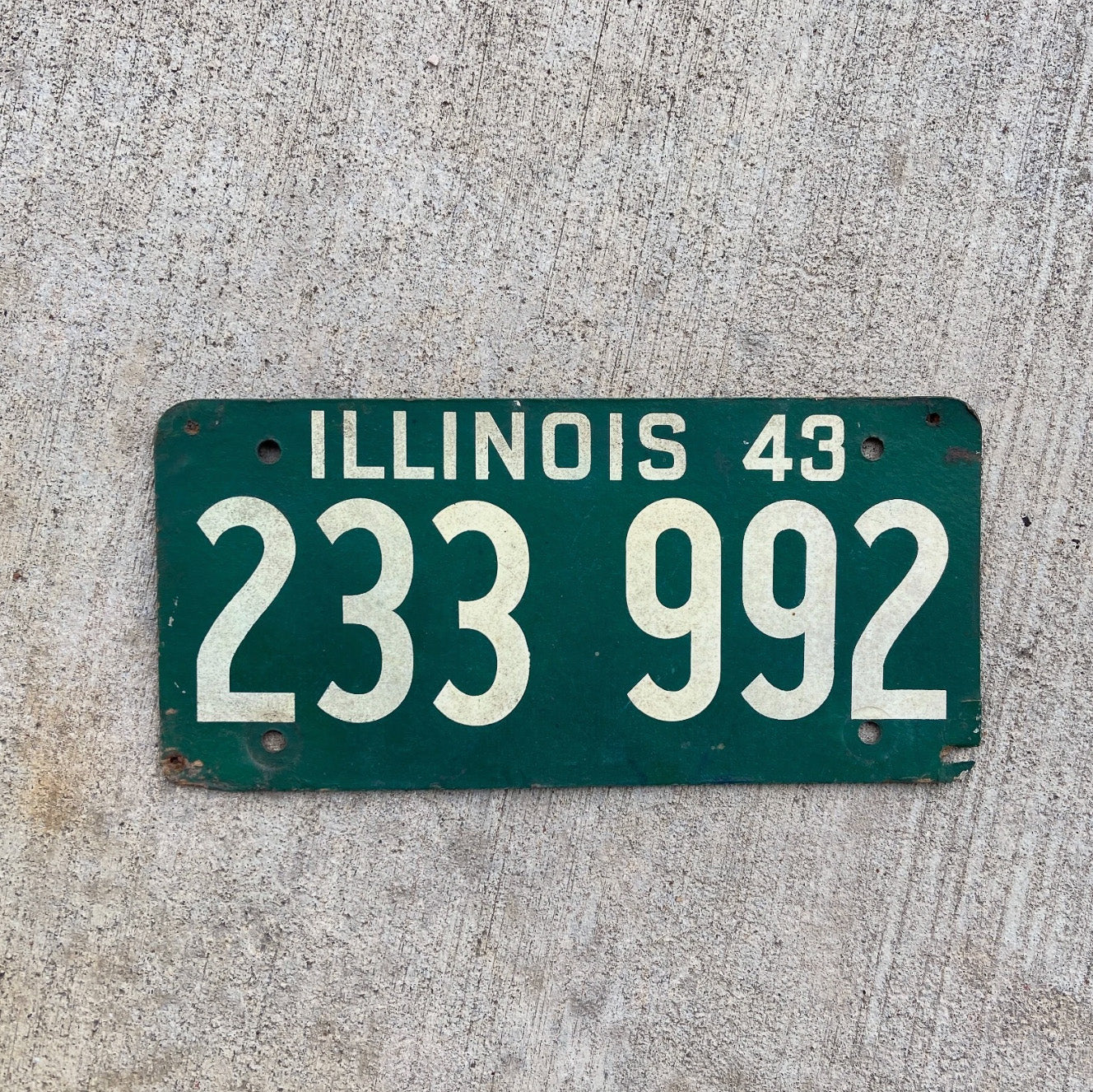 Photo of a 1943 Illinois Fiberboard License Plate Auto Tag Garage Decor Vintage 233 992 with original patina