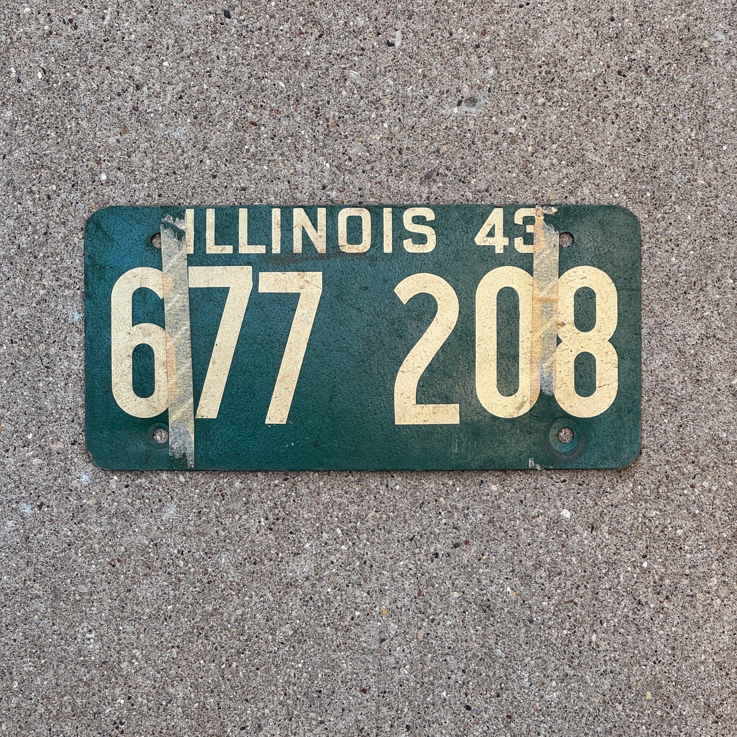 Photo of a 1943 Illinois Fiberboard License Plate Auto Tag Garage Decor Vintage 677 208 with original patina