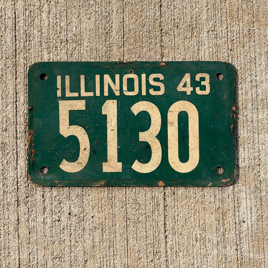 Photo of a 1943 Illinois Fiberboard License Plate Auto Tag Garage Decor Vintage Low Number Four Digit 5130 with original patina