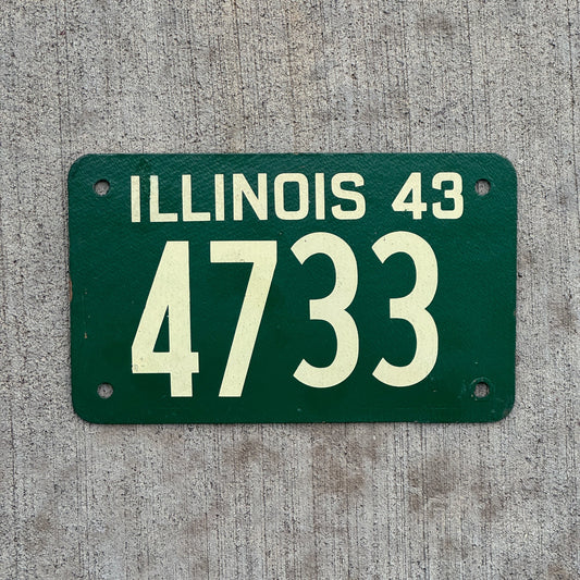Photo of a 1943 Illinois License Plate Auto Tag Garage Decor Vintage Fiberboard Low Number Four Digit 4733 with original patina