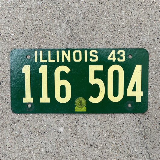 Photo of a 1943 Illinois License Plate Auto Tag Garage Decor Vintage Fiberboard State Seal 116 504 with original patina