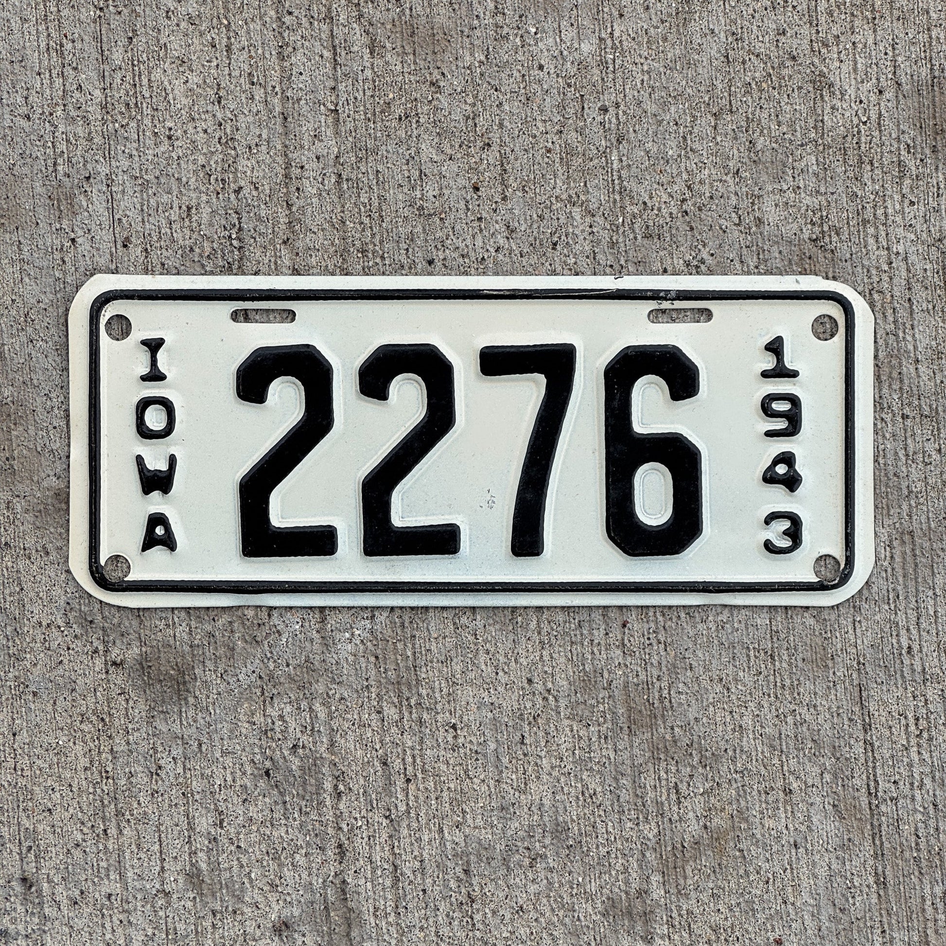 Photo of a 1943 Iowa Motorcycle License Plate Auto Tag Garage Decor Vintage ALPCA Archive Example 2276 with original patina
