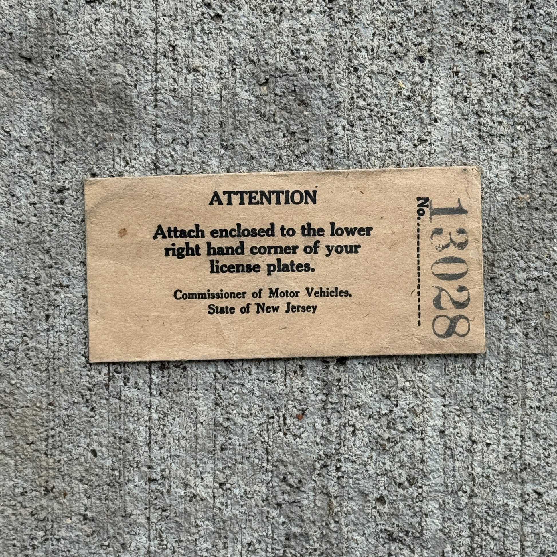 Photo of a 1943 New Jersey Tab Auto Tag Garage Decor Vintage Envelope Only 13028 with original patina