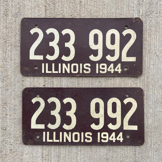 Photo of a 1944 Illinois Fiberboard License Plate Pair Auto Tag Garage Decor Vintage WWII War Year 233 992 with original patina