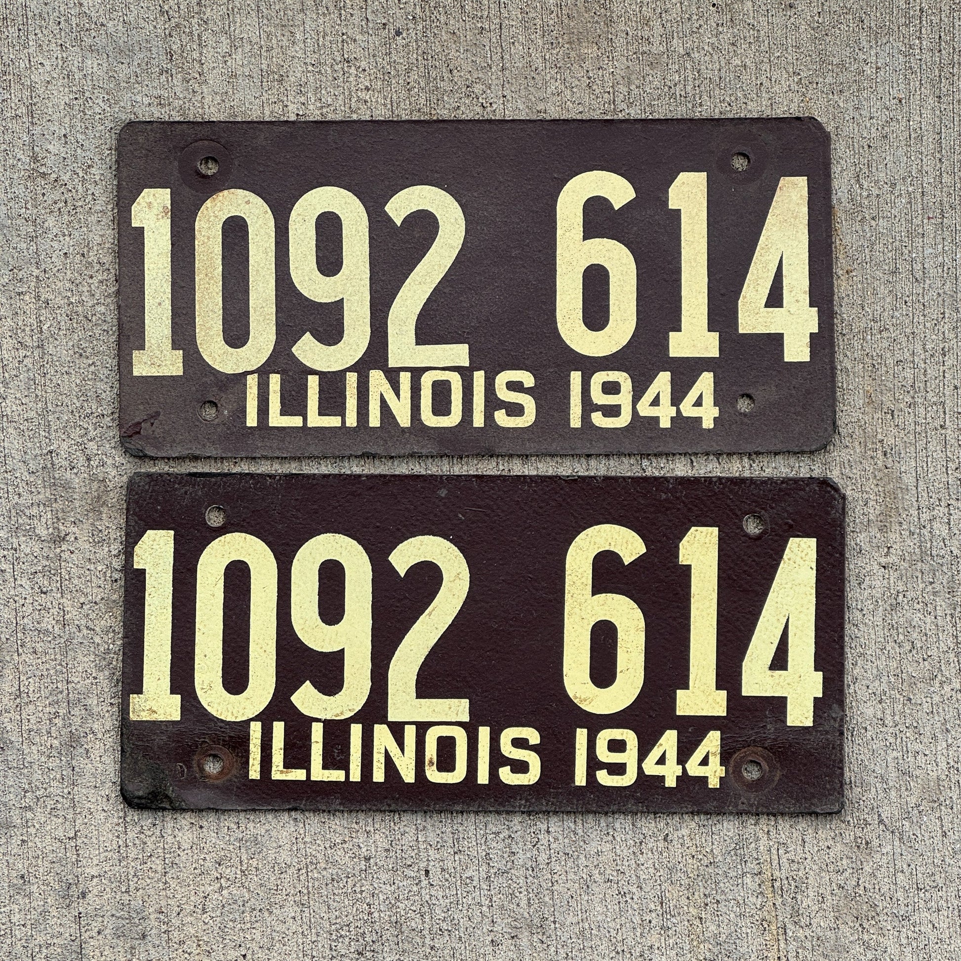 Photo of a 1944 Illinois License Plate Pair Auto Tag Garage Decor Vintage Fiberboard 1092 614 with original patina