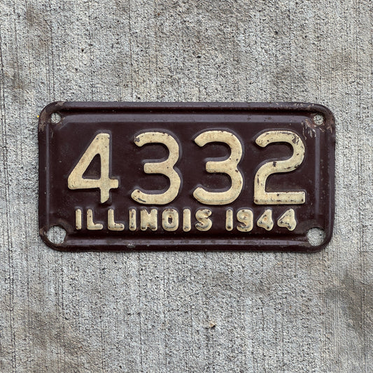 Photo of a 1944 Illinois Motorcycle License Plate Auto Tag Garage Decor Vintage Low Number Four Digit 4332 with original patina
