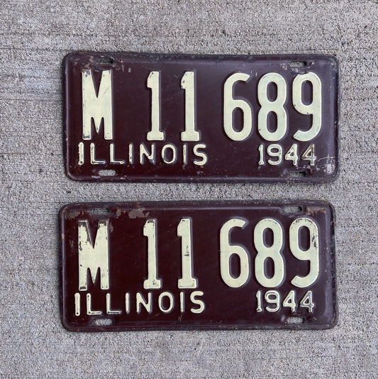 Photo of a 1944 Illinois Municipal License Plate Pair Auto Tag Garage Decor Vintage M 11689 with original patina