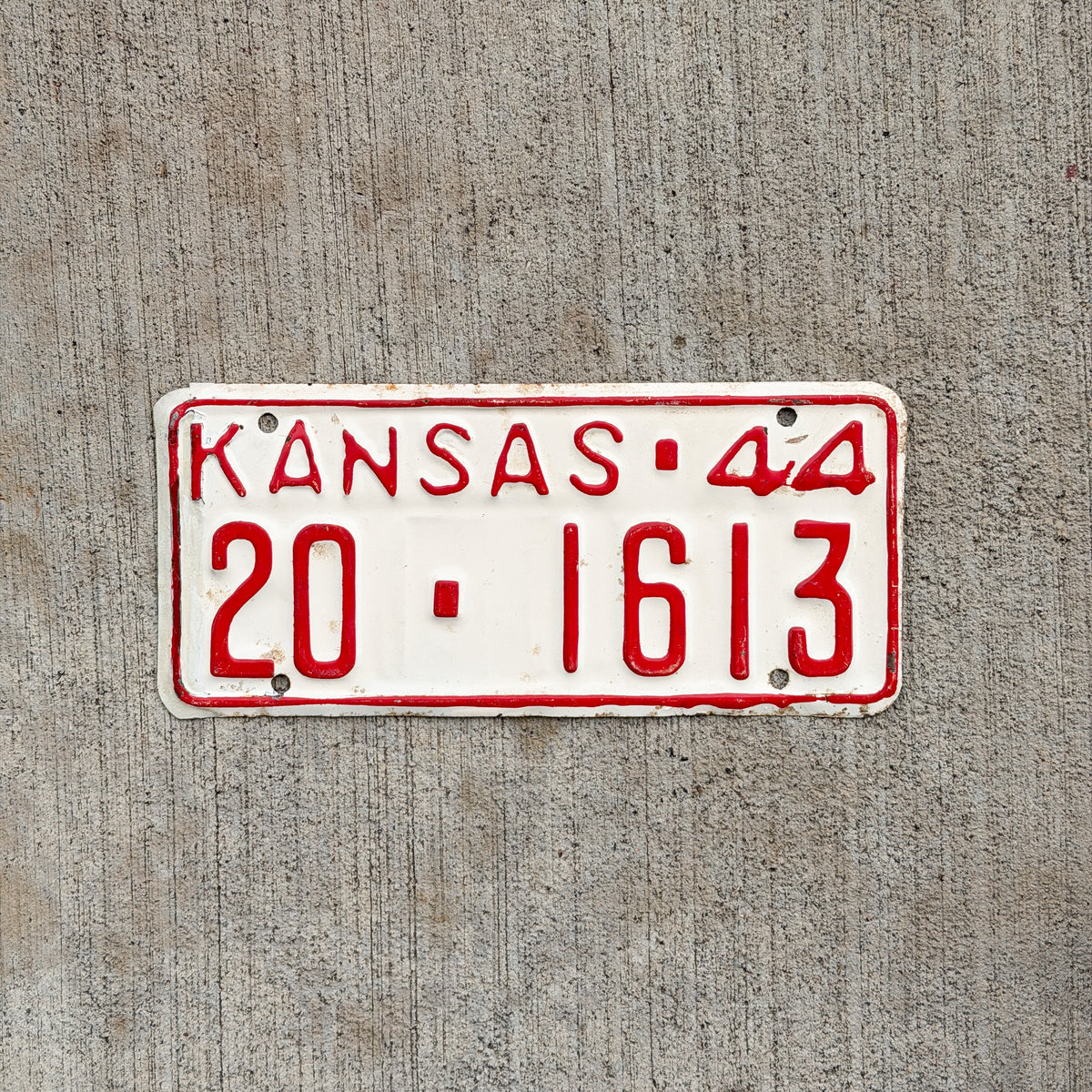 Photo of a 1944 Kansas License Plate Auto Tag Garage Decor Vintage 20 1613 with original patina