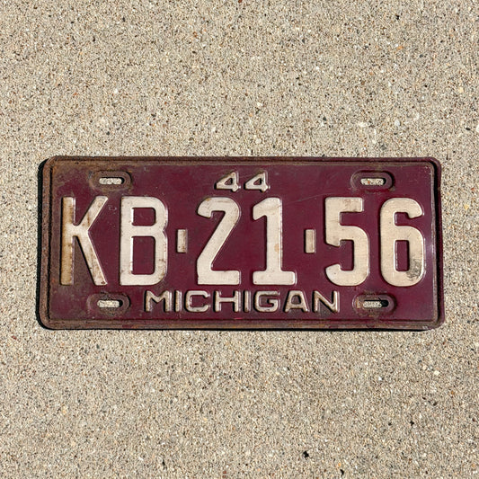 Photo of a 1944 Michigan License Plate Auto Tag Garage Decor Vintage KB 21 56 with original patina