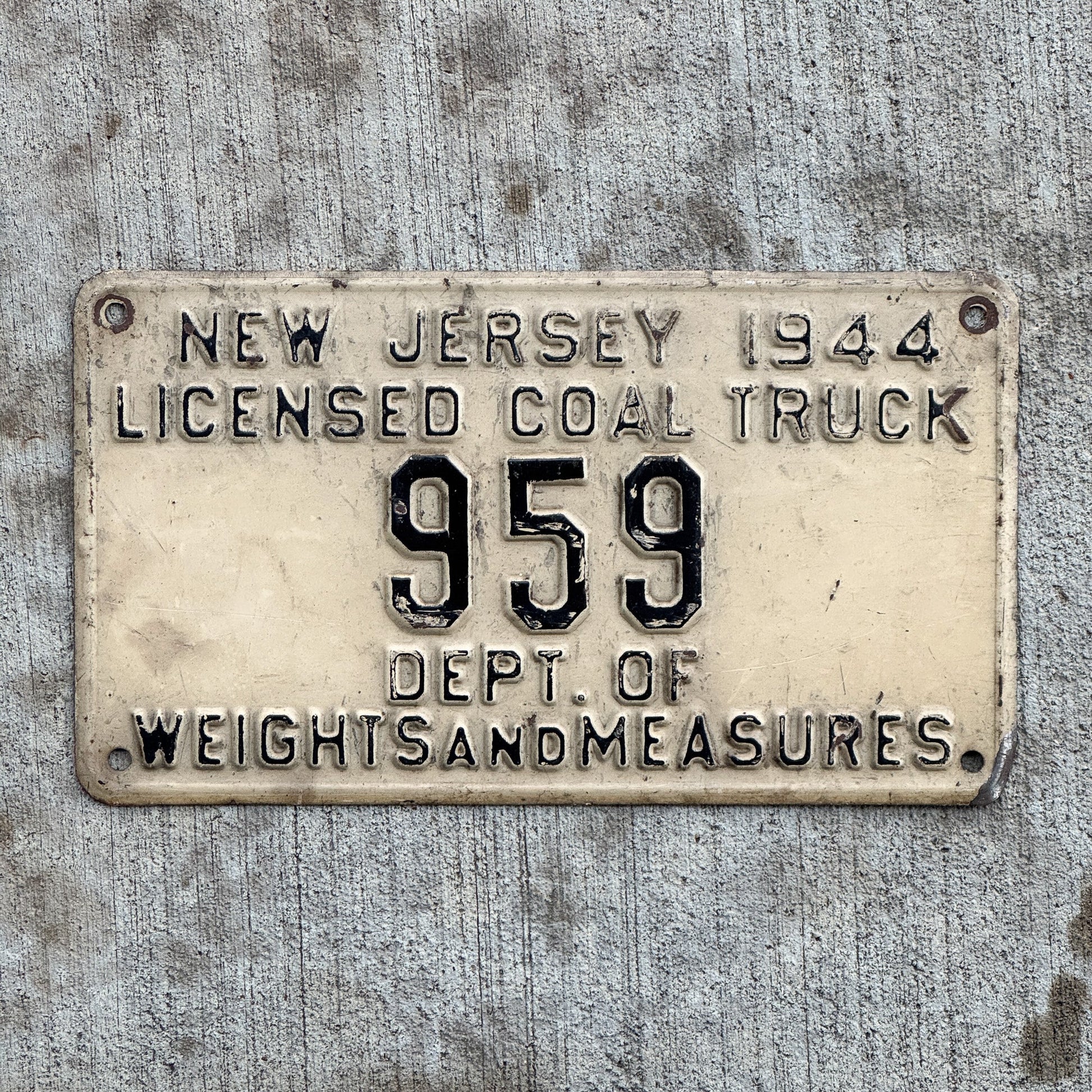 Photo of a 1944 New Jersey Licensed Coal Truck License Plate Auto Tag Garage Decor Vintage Miner Mining Low Number Three Digit 959 with original patina