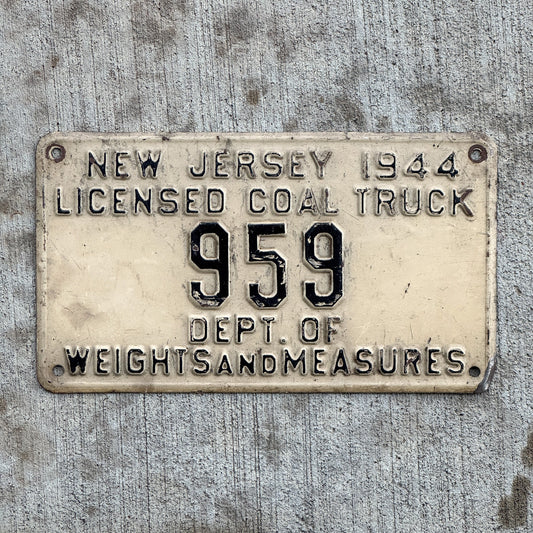 Photo of a 1944 New Jersey Licensed Coal Truck License Plate Auto Tag Garage Decor Vintage Miner Mining Low Number Three Digit 959 with original patina