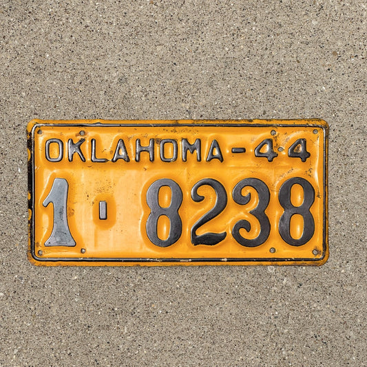 Photo of a 1944 Oklahoma License Plate Auto Tag Garage Decor Vintage 1 8238 with original patina