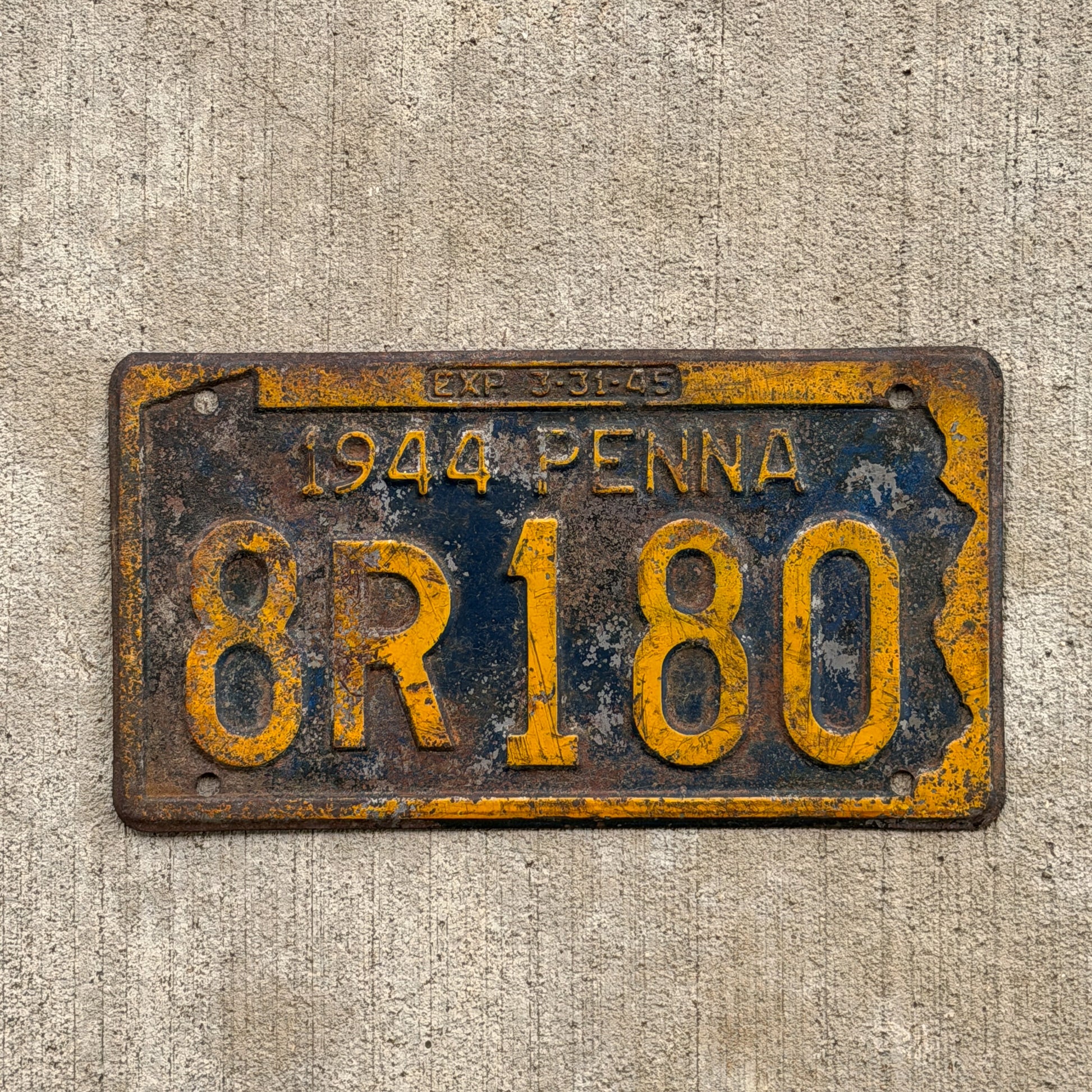 Photo of a 1944 Pennsylvania License Plate Auto Tag Garage Decor Vintage 8 R 180 with original patina