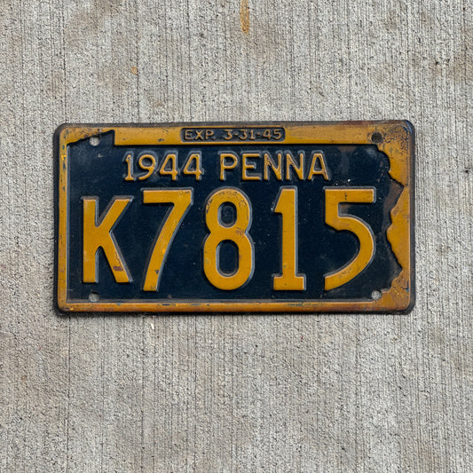 Photo of a 1944 Pennsylvania License Plate Auto Tag Garage Decor Vintage K 7815 with original patina