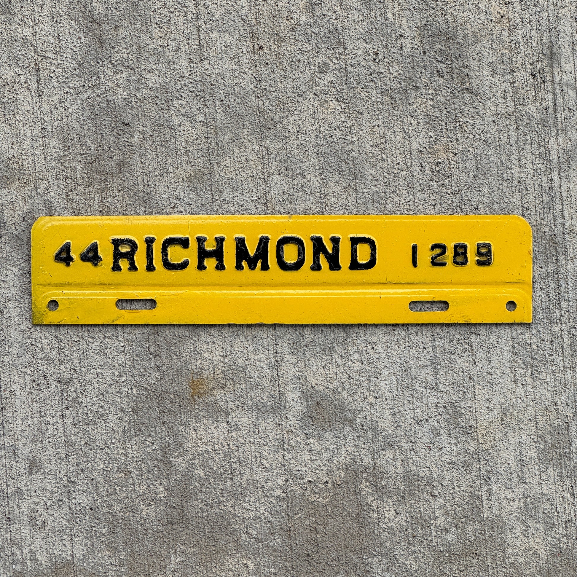 Photo of a 1944 Richmond Virginia Fiberboard Tax Strip License Plate Topper Auto Tag Garage Decor Vintage Richmond Fiberboard 1289 with original patina