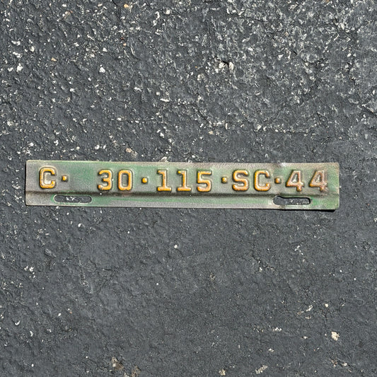 Photo of a 1944 South Carolina Tab License Plate Auto Tag Garage Decor Vintage C 30 115 with original patina
