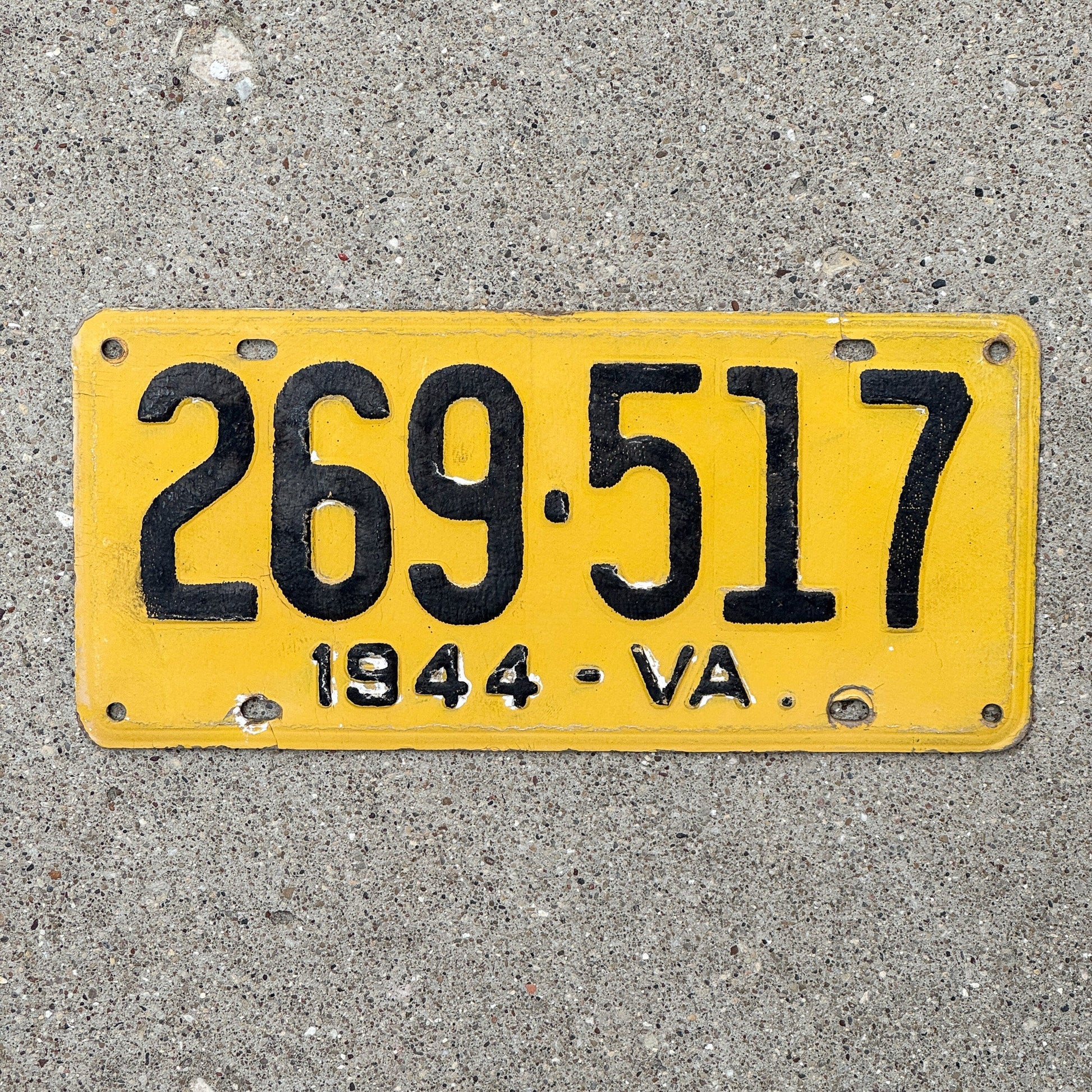 Photo of a 1944 Virginia Fiberboard License Plate Auto Tag Garage Decor Vintage High Quality 269 517 with original patina