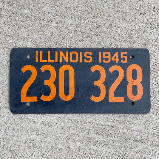Photo of a 1945 Illinois Fiberboard License Plate Auto Tag 2 Vintage Garage WWII War Year 230 328 with original patina