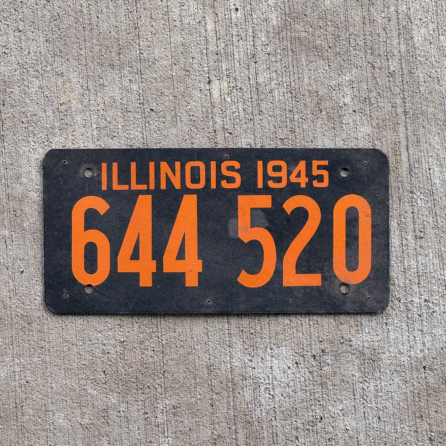Photo of a 1945 Illinois Fiberboard License Plate Auto Tag Garage Decor Vintage 644 520 with original patina