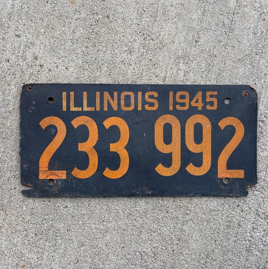 Photo of a 1945 Illinois Fiberboard License Plate Auto Tag Garage Decor Vintage WWII War Year 233 992 with original patina