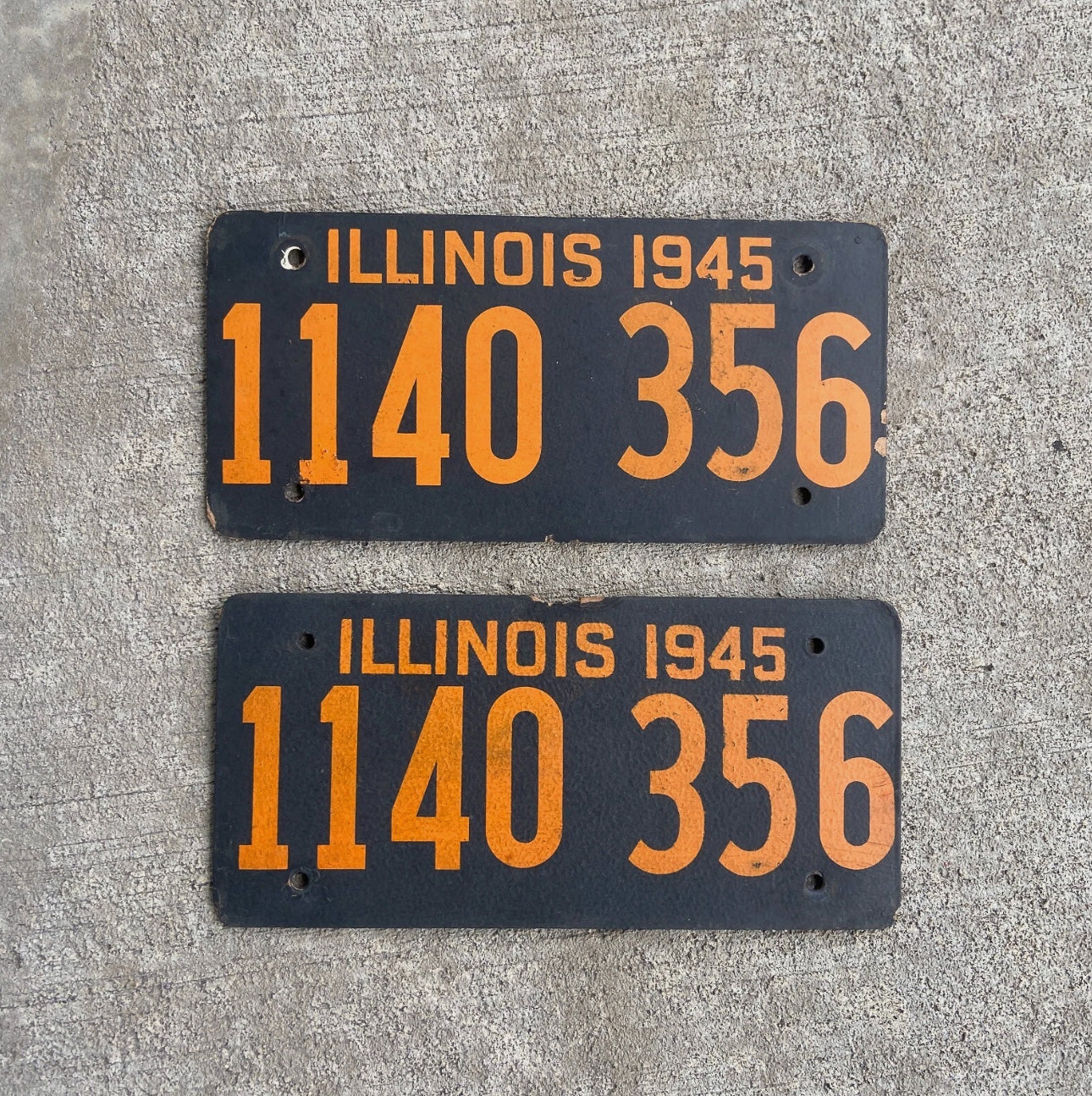 Photo of a 1945 Illinois Fiberboard License Plate Pair Auto Tag Garage Decor Vintage 1140 356 with original patina