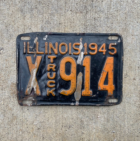 Photo of a 1945 Illinois Truck License Plate Auto Tag Garage Decor Vintage Low Number Three Digit X 914 with original patina