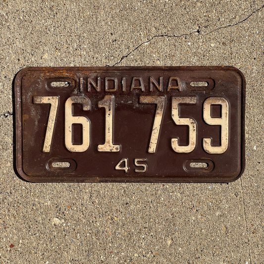Photo of a 1945 Indiana License Plate Auto Tag Garage Decor Vintage 761 759
