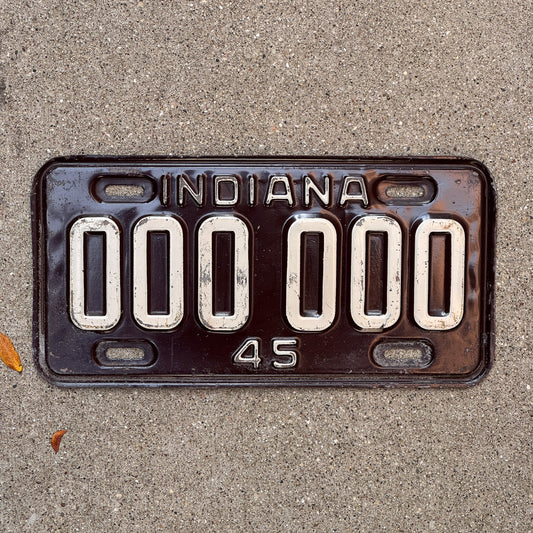 Photo of a 1945 Indiana Sample License Plate Auto Tag Garage Decor Vintage 000 000 with original patina