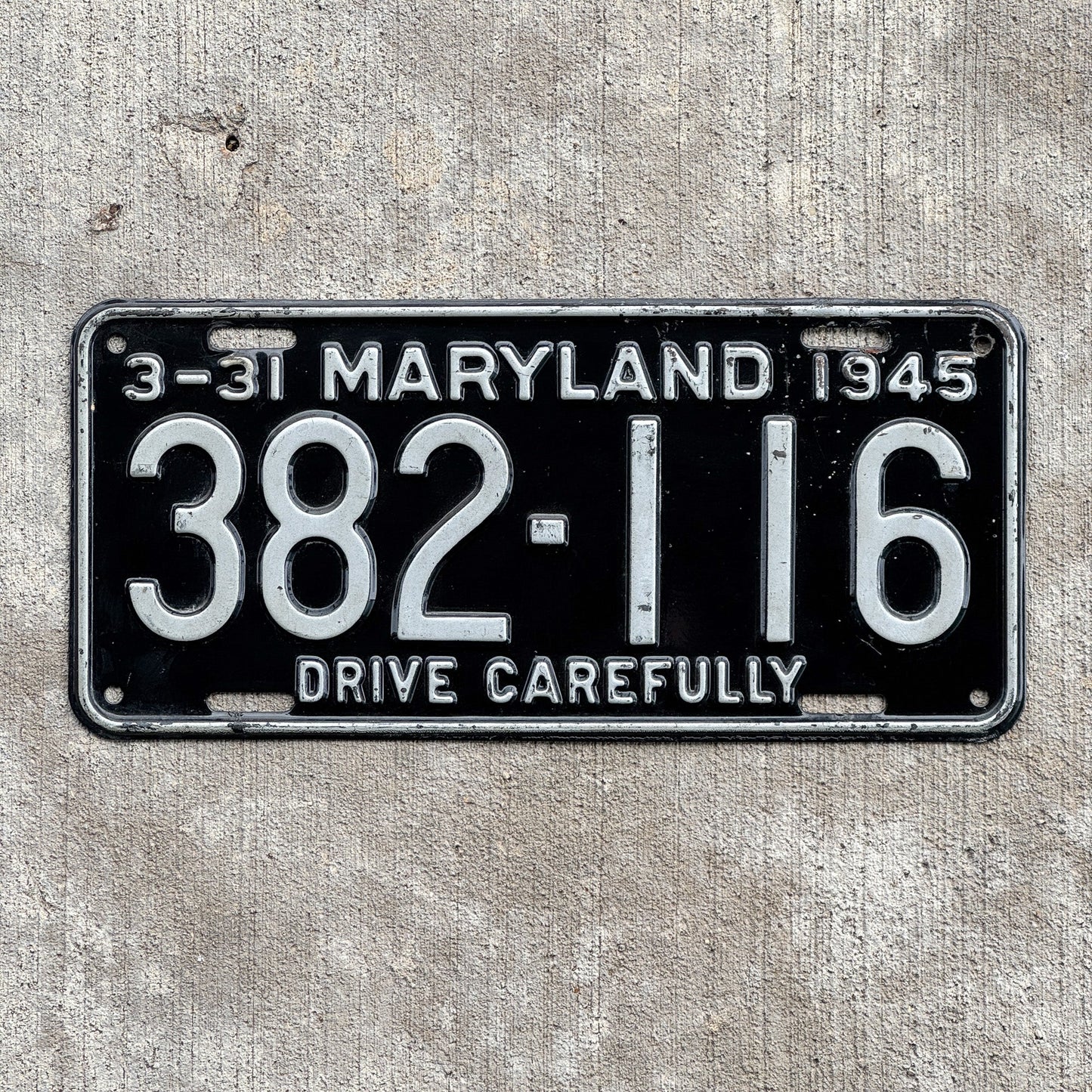 Photo of a 1945 Maryland License Plate Auto Tag Garage Decor Vintage High Quality Single Plate Year 382 116 with original patina