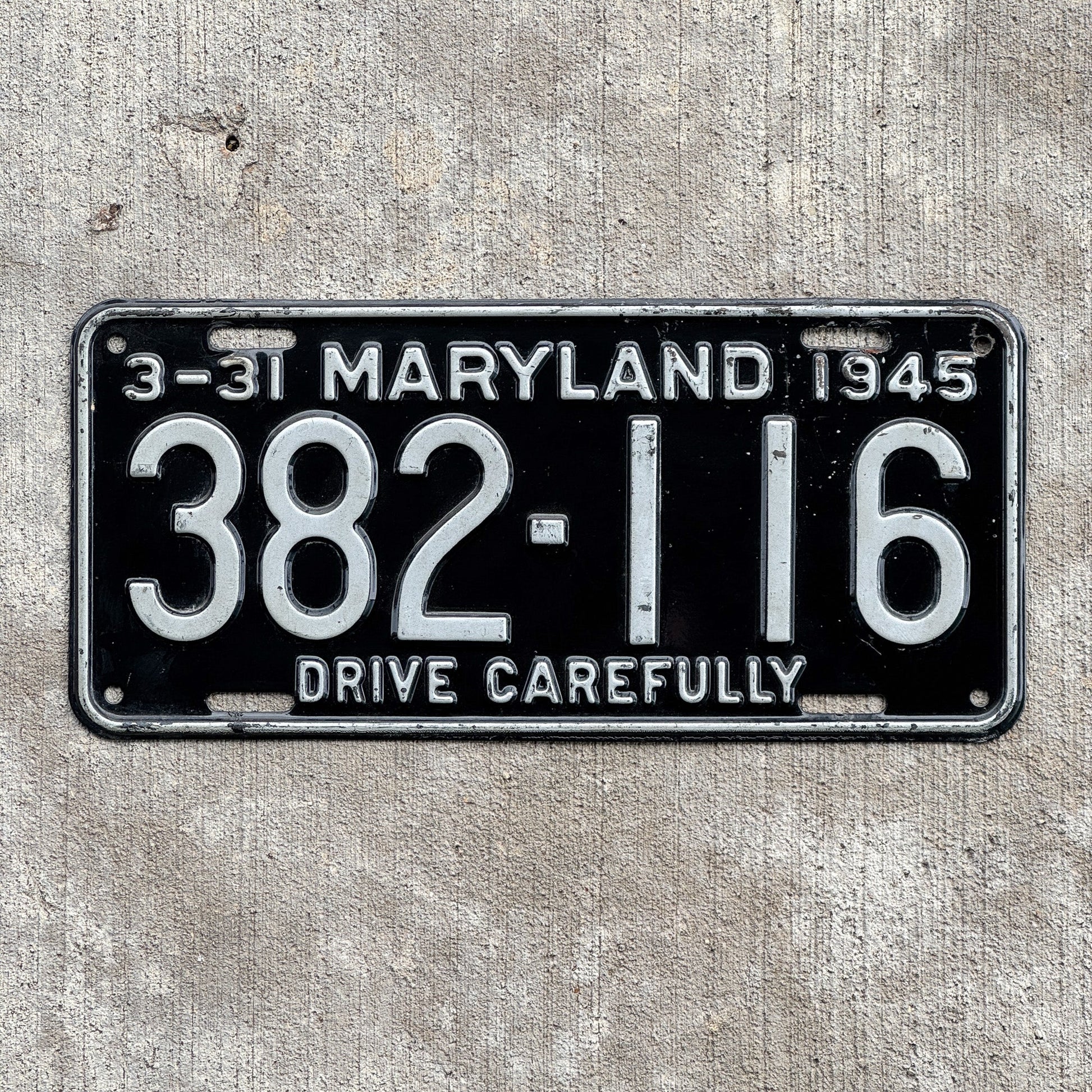 Photo of a 1945 Maryland License Plate Auto Tag Garage Decor Vintage High Quality Single Plate Year 382 116 with original patina