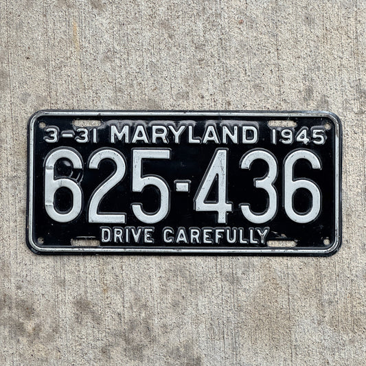 Photo of a 1945 Maryland License Plate Auto Tag Garage Decor Vintage High Quality Single Plate Year Restamped First Number 625 436 with original patina