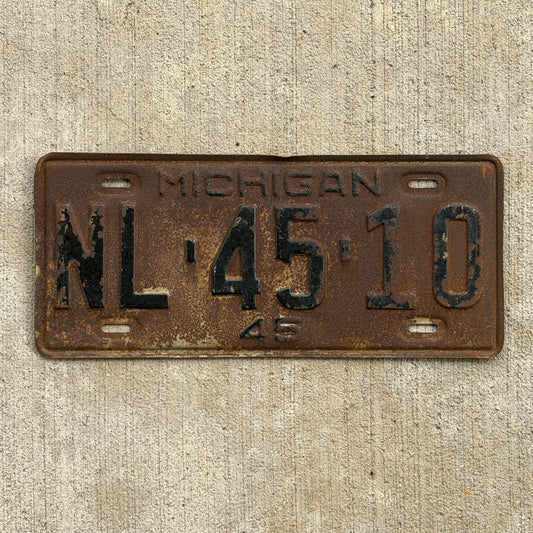 Photo of a 1945 Michigan License Plate Auto Tag Garage Decor Vintage NL 45 10 with original patina