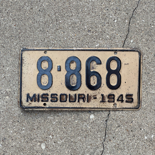 Photo of a 1945 Missouri License Plate Auto Tag Garage Decor Vintage Four Digit 8868
