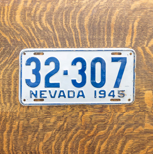 Photo of a 1945 Nevada License Plate Auto Tag Garage Decor Vintage 32 307 with original patina