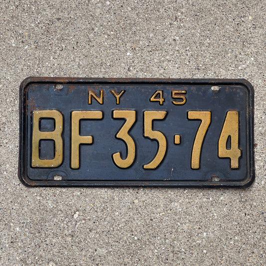 Photo of a 1945 New York License Plate Auto Tag Garage Decor Vintage BF 3574