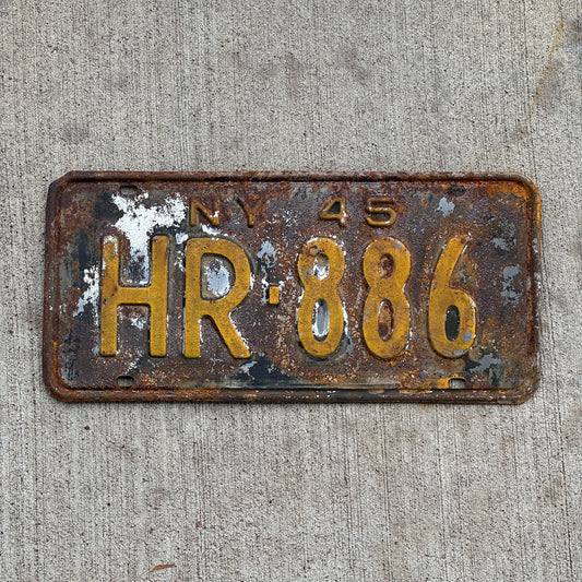 Photo of a 1945 New York License Plate Auto Tag Garage Decor Vintage HR 886 with original patina
