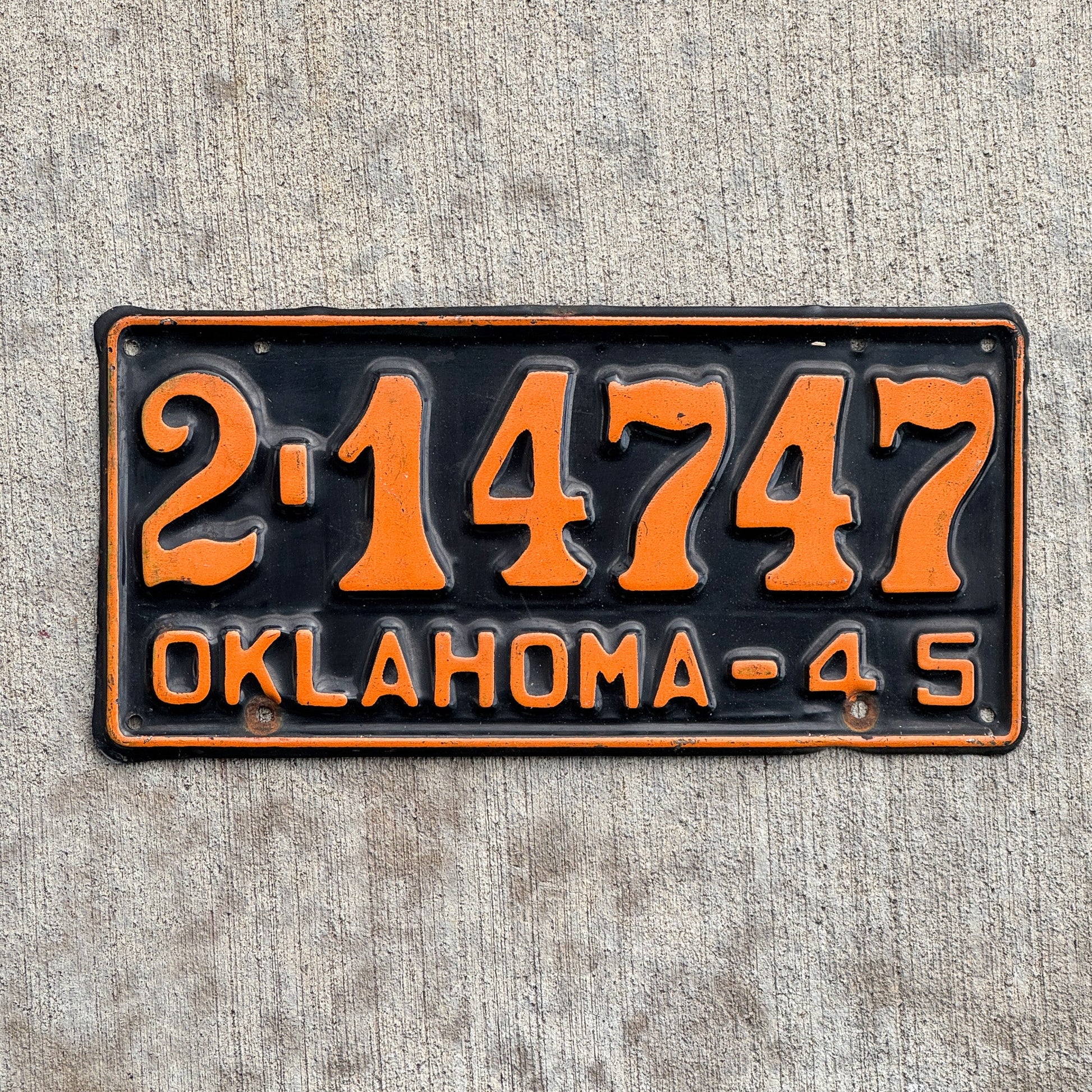 Photo of a 1945 Oklahoma License Plate Auto Tag Garage Decor Vintage High Quality 2 14747 with original patina