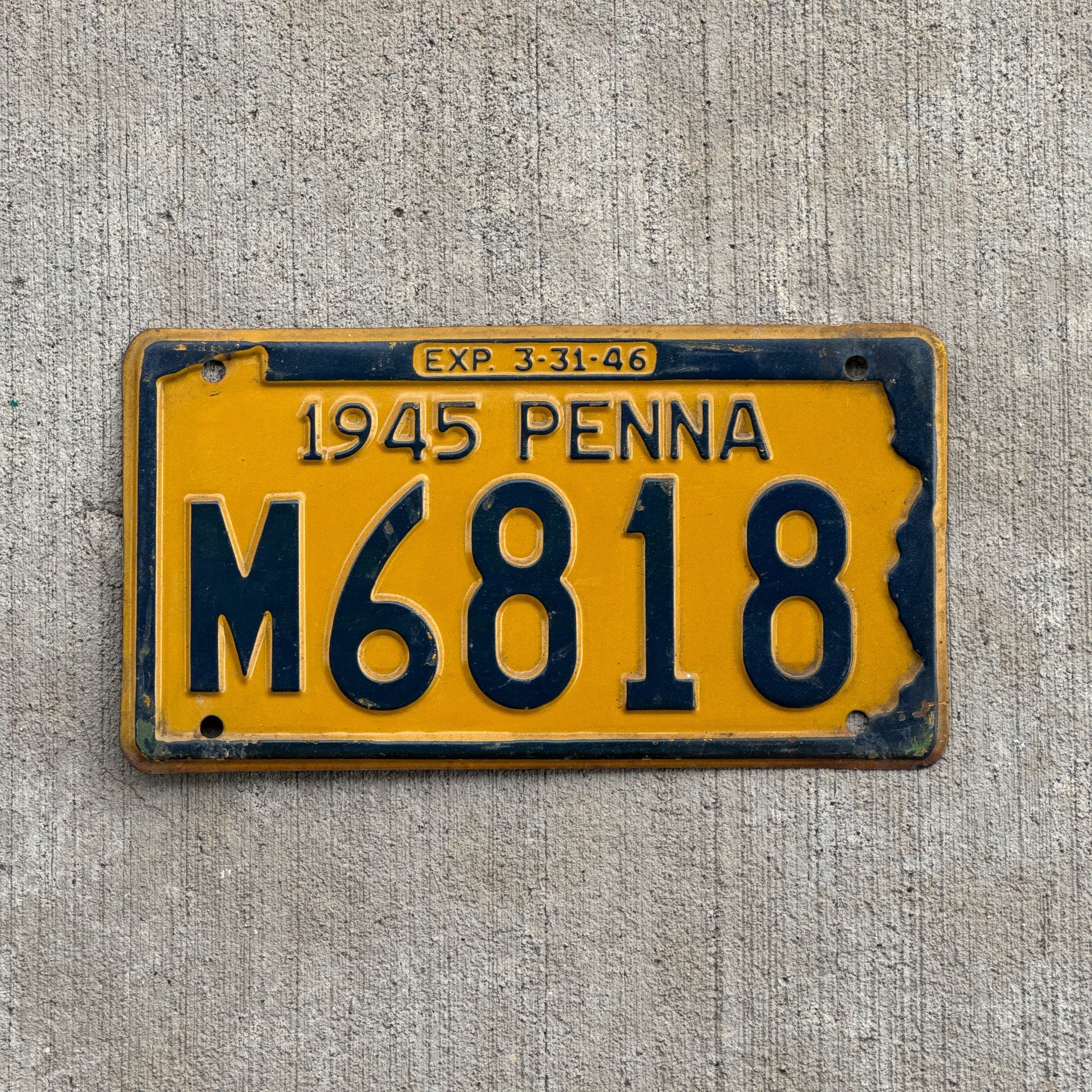 Photo of a 1945 Pennsylvania License Plate Auto Tag Garage Decor Vintage M 6818 with original patina