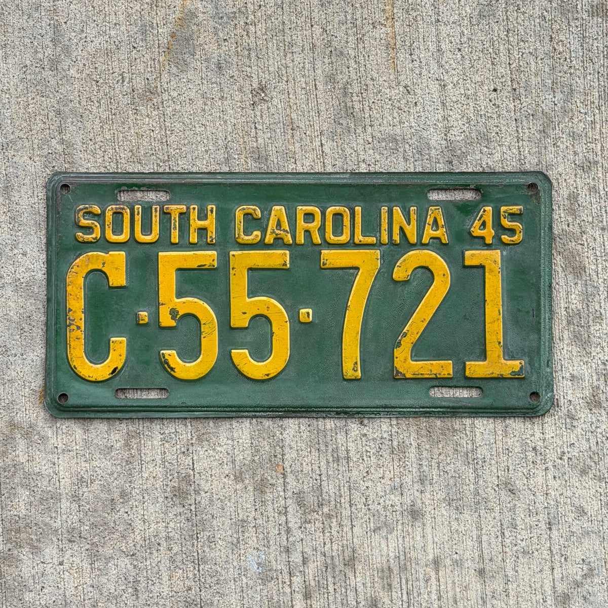 Photo of a 1945 South Carolina License Plate Auto Tag Garage Decor Vintage C 55 721 with original patina