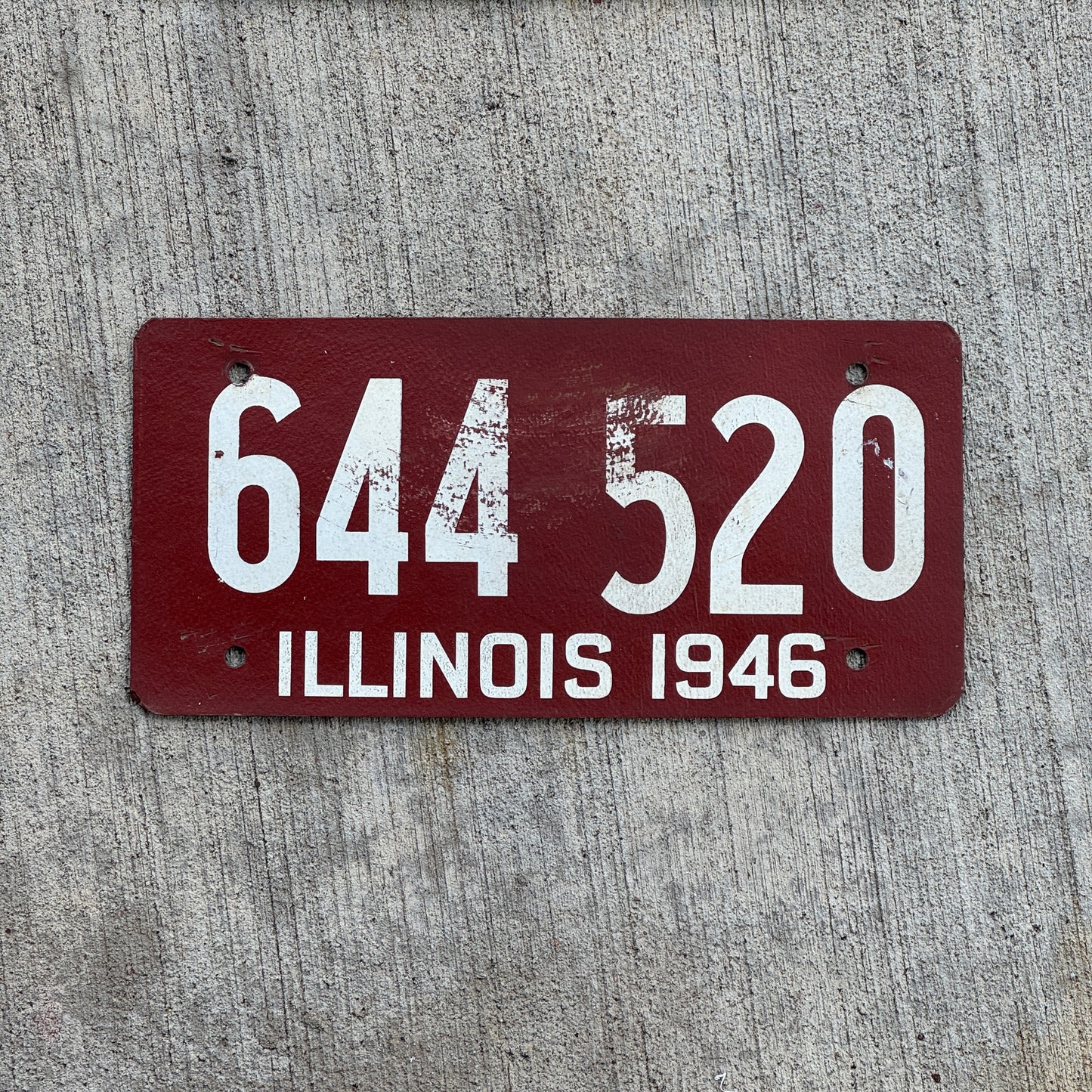 Photo of a 1946 Illinois Fiberboard License Plate Auto Tag Garage Decor Vintage 644 520 with original patina