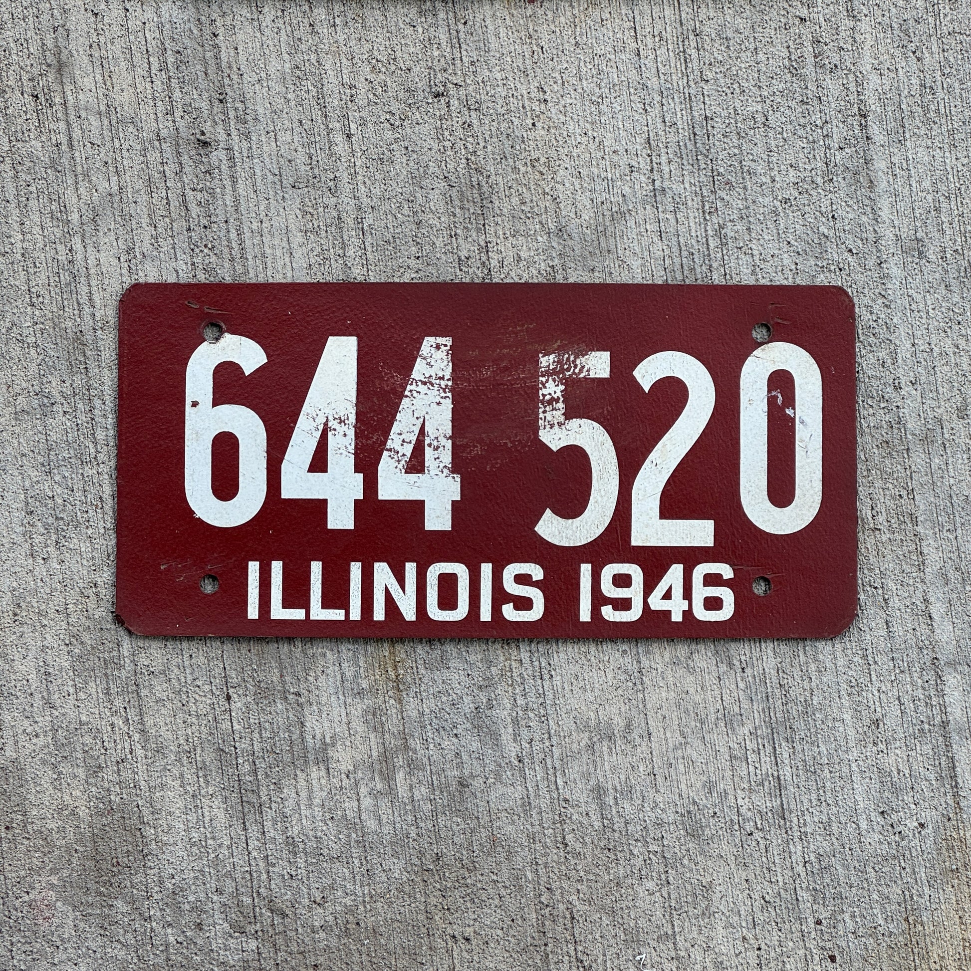 Photo of a 1946 Illinois Fiberboard License Plate Auto Tag Garage Decor Vintage 644 520 with original patina