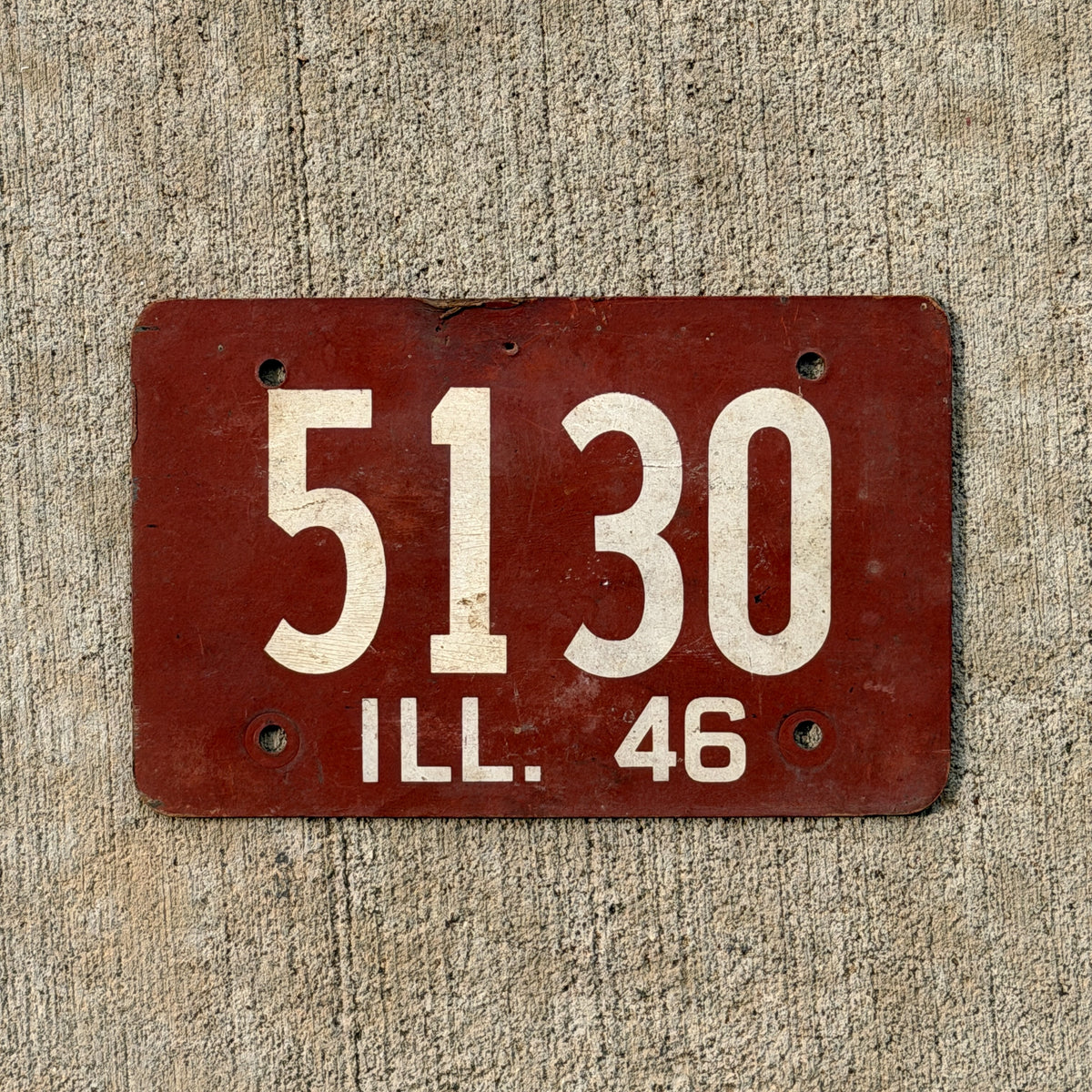 Photo of a 1946 Illinois Fiberboard License Plate Auto Tag Garage Decor Vintage Low Number Four Digit 5130 with original patina