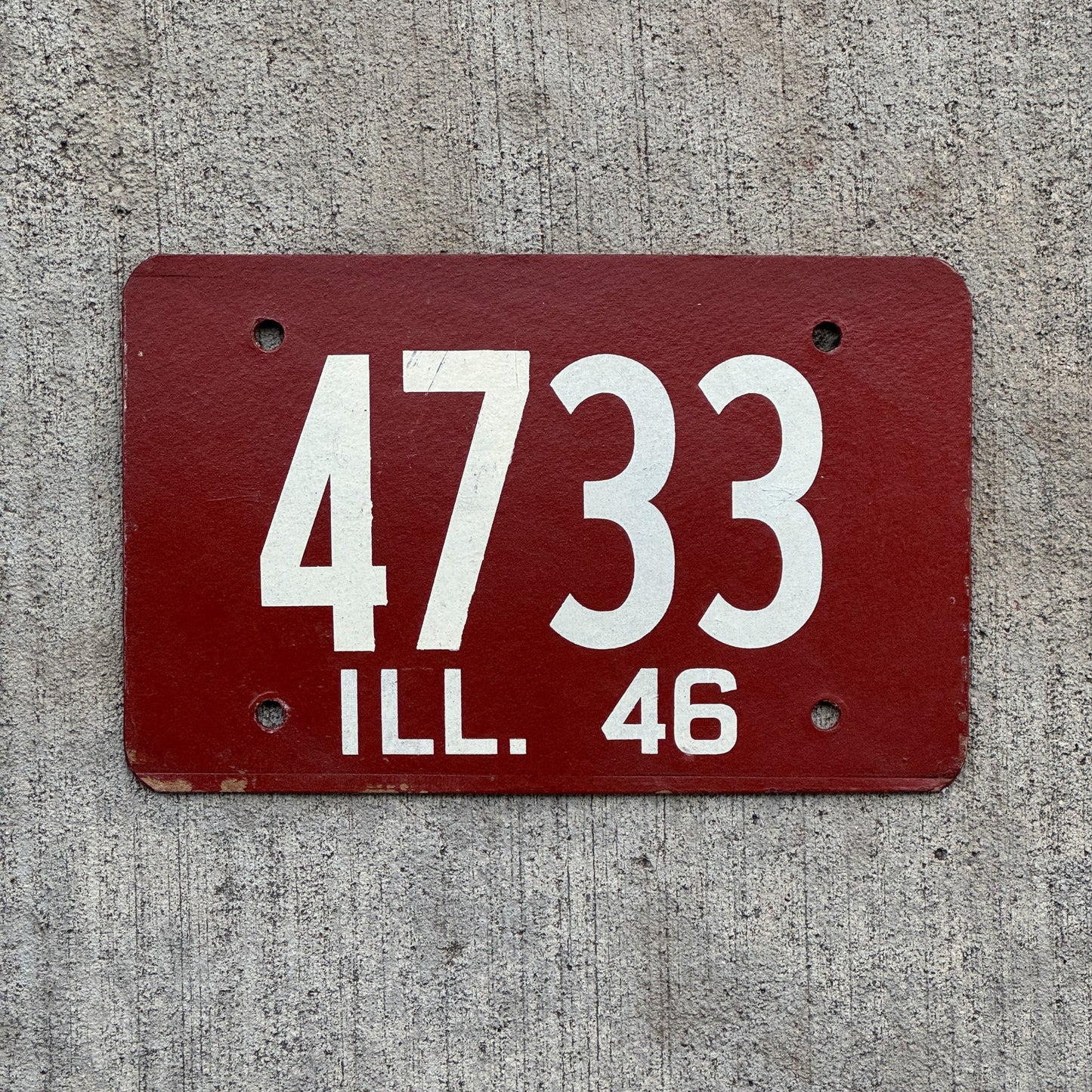 Photo of a 1946 Illinois License Plate Auto Tag Garage Decor Vintage Fiberboard Low Number Four Digit 4733 with original patina