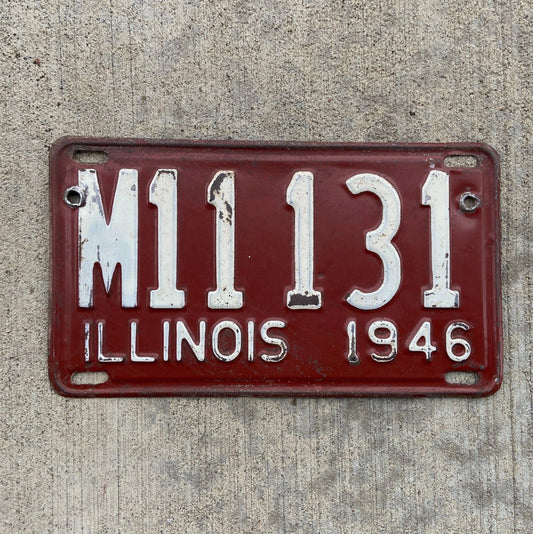 Photo of a 1946 Illinois Municipal License Plate Auto Tag Garage Decor Vintage 111 Repeat Repeating M 11131 with original patina