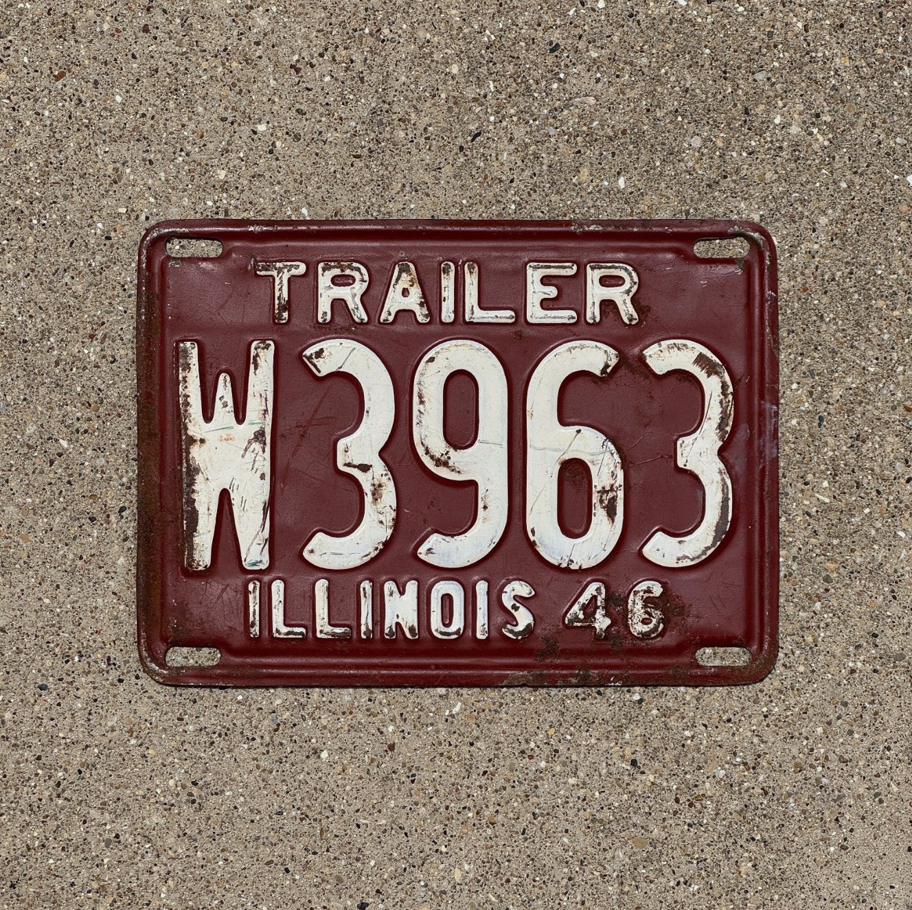 Photo of a 1946 Illinois Trailer License Plate Auto Tag Garage Decor Vintage W 3963 with original patina